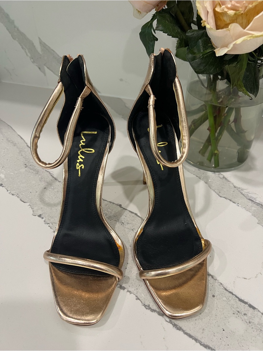 Lulu's Rose Gold Metallic Ankle-Strap High Heels